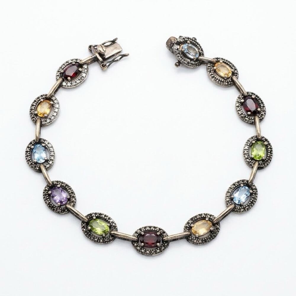 925 Sterling Silver Multi-Gemstone Bracelet Size 7.5